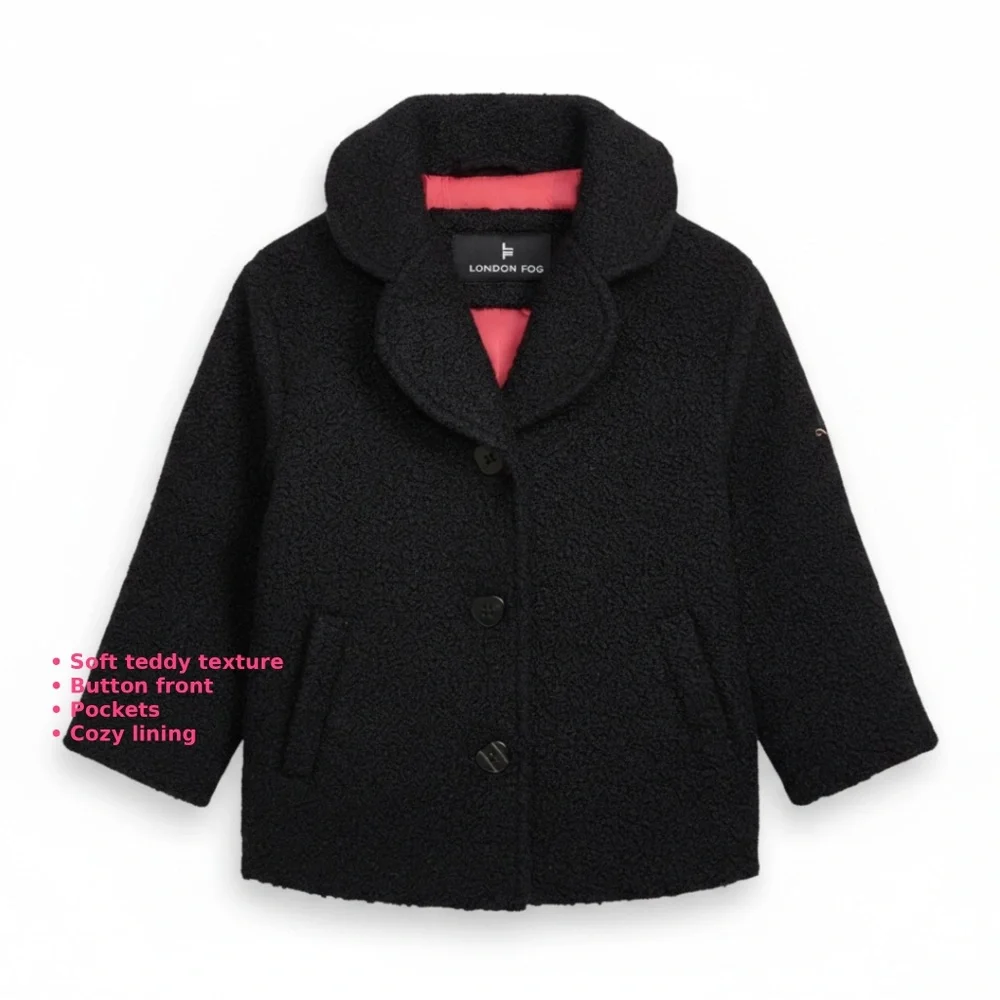 London Fog NWT Girls Coat 6/6X Black Teddy Jacket Hot Pink Lining Heart Buttons - Picture 5 of 8